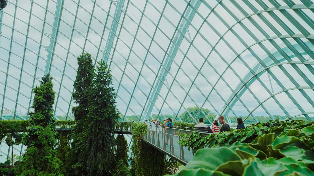 People walk through a botanical garden.